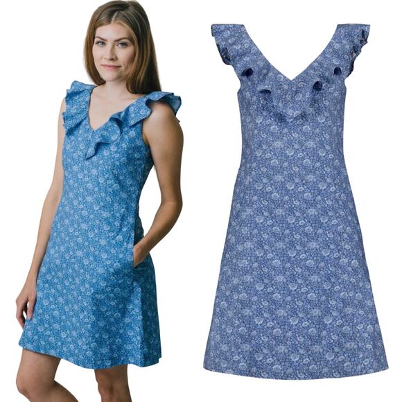 Hope & Henry Organic Cotton Dress Ruffled V Neck Floral Print Blue Womens 8 - Picture 1 of 9